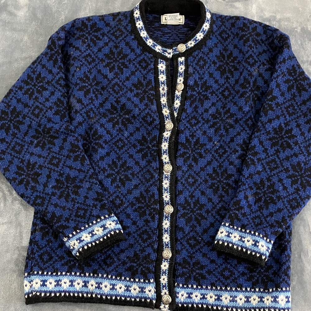 L.L. Bean Blue and Black Cardigan Wool Sweater - Women’s Medium
